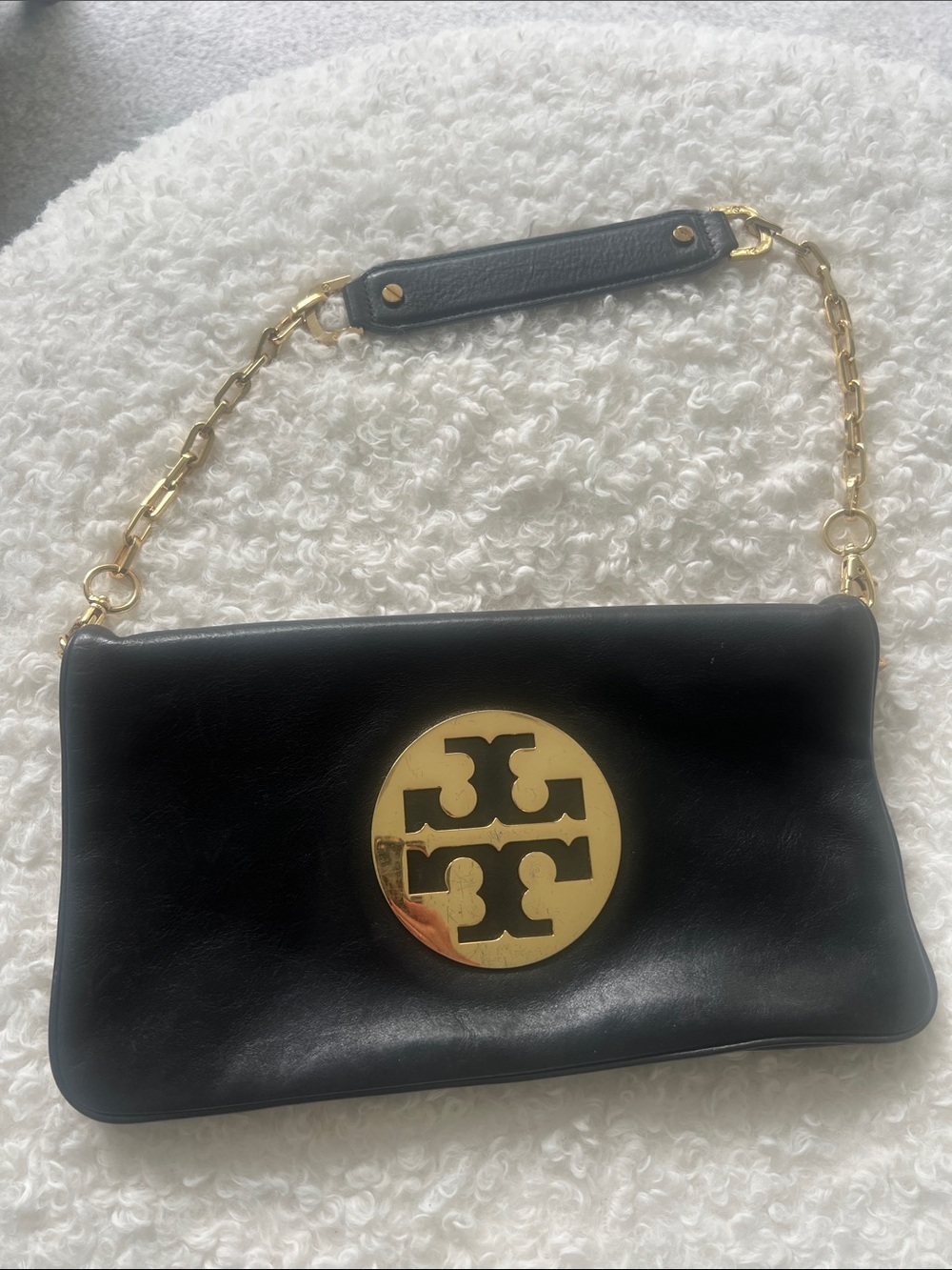 Tory Burch Black Leather Shoulder Bag with Gold Logo